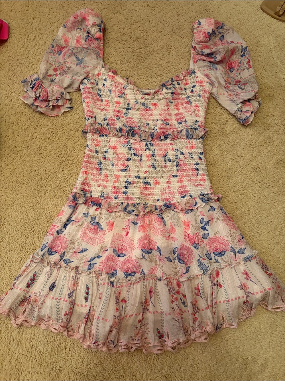 HEMANT & NANDITA Pink Floral Smocked Dress - hole in back left shoulder